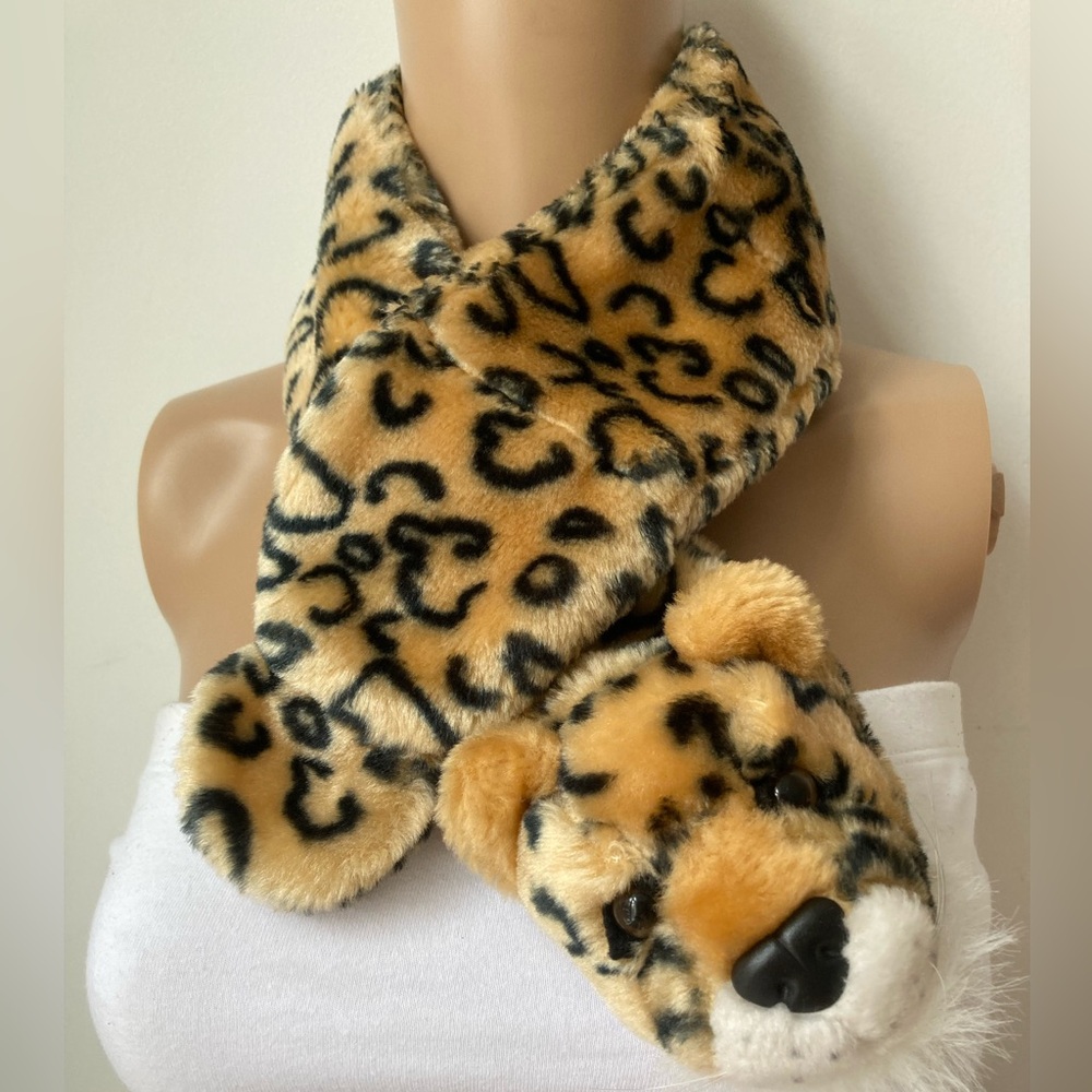 Leopard Print Faux Fur Scarf with Plush Head